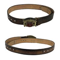 Two views of the vintage Harley Davidson leather belt showing the brass buckle and engraved logo on the belt.