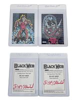 Front view of two Black Web Inks comic cards showing colored character artwork, each in protective sleeve