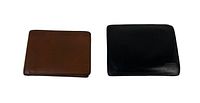 Front view of both wallets side by side, brown wallet on left, black wallet on right.
