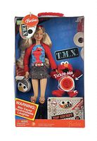Front view of Barbie doll with Tickle Me Elmo toy in original box, showing doll and toy inside and seller tag.