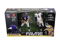 Front view of boxed 2-pack Brett Favre Vikings figurines with clear plastic window displaying both figures and packaging graphics.