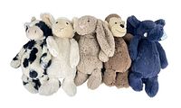 Group photo of all five JellyCat plush beanbag stuffed toys, showing their front sides and color variety.