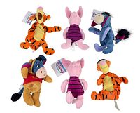 Top view group image showing all six plush toys in various poses, highlighting colors, tags, and overall condition.