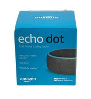 Front view of bright blue Amazon Echo Dot box showing product image and key features.