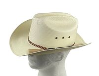 Side angle showing the white woven straw cowboy hat on a mannequin head with ventilation holes and twisted hatband with tassel.