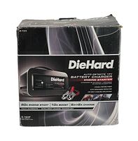 Original DieHard box showing product image and identity, black and silver design, front and side views.