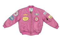 Front view of the pink Flightline bomber jacket with aviation patches on sleeves and chest, zip closure, and front pockets.