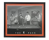 Front view of the framed black and white print featuring The K Pack showing SF Giants players and Frank Sinatra around a pool table.