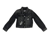 Front view of black denim jean jacket with Mickey and Minnie Mouse patches on front left chest and near bottom left.