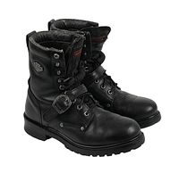 Side angle view of both black leather Harley Davidson steel toe boots showing exterior condition, leather texture, and buckle strap.