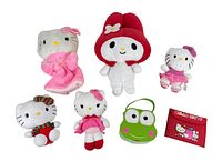 All plush toys and accessories arranged together to show the entire lot including Hello Kitty plush toys, My Melody plush, Keroppi trinket box, and Hello Kitty wallet.