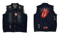 Front and back view of the denim jean jacket vest showing patches and distressed details