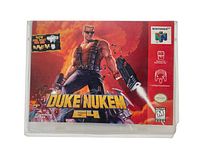 Front label of the Nintendo 64 Duke Nukem 64 game cartridge showing the main character and game title.