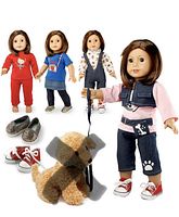 First photo showing several American Girl dolls wearing various outfits and shoes along with a plush dog accessory.