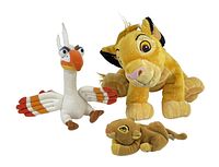 Three Lion King plush toys: Simba lying down, Nala lying down, and Zazu perched with wings spread.