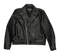 Front view of black leather moto jacket showing zippers, buttons, belt, and collar details.