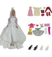 Barbie doll with bride dress and accessories laid out showing various clothing and shoes.