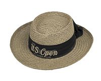 Natural color straw wide brim hat with black fabric band embroidered with 1998 US Open The Olympic Club logo, showing front and side.