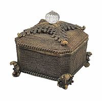 Photo shows vintage square carved stone jewelry box with intricate relief leaf motifs and textured woven pattern. Clear glass knob on lid and detailed claw-style feet. Small chip on lid edge visible.