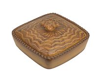 Front angle view of the vintage square terrine bowl with decorative lid showing floral and zigzag patterns.