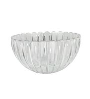 Front-facing image of clear ridged crystal bowl, showing vertical ridges and scalloped rim.