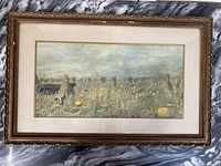 Full view of the framed print showing the entire agricultural scene with farmer, horse-drawn cart, pumpkins, and field under cloudy sky, inside a glittered wooden frame with wear.