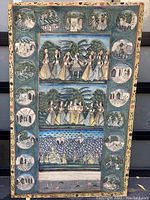 Full view of the large textile showing painted narrative scenes bordered by smaller vignettes.