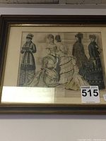 Framed lithograph showing five 19th-century ladies in period costumes, photographed straight on.