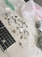 Photo showing an assortment of very small pins spread out on a table near a laptop keyboard. Pins are in clear plastic bags, some labeled by hand, with various shapes and colors visible.