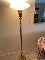Full view of floor lamp illuminated, showing overall height and shade shape