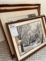 Stack of 5 framed black and white photos featuring winter trees covered in snow or ice, wood framed with glass fronts