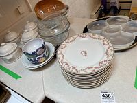 Photo showing stacked ten Limoges plates with floral border, ceramic canisters, and various glass and ceramic bowls on a countertop.