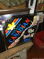 Photo showing the front face of the Molson Canadian light-up sign with colorful branding and text.