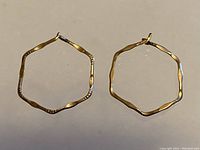 Pair of hexagonal 10K gold hoop earrings displayed flat to show shape and texture.