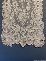 Close-up of one scalloped lace end showing intricate floral and fauna needle lace details on fine mesh background.
