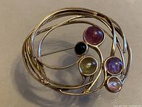 Full view of the silver pin with swirling bands and five colored semi-precious stones.