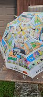 Full view of vintage umbrella displaying comic strip panels and 'The Evening Sun' branding on white background.