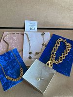 Overview photo of all jewellery pieces displayed on separate colored pads showing different gold tone chains and one silver tone chain with pearl pendant