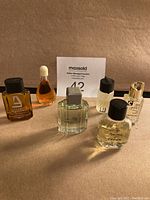 Full view of six miniature cologne and perfume bottles in various shapes and colors, with a MaxSold auction card behind
