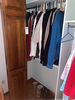 Men's shirts and golf apparel hanging in closet