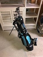 Full view of the blue-accented black golf bag standing upright with golf clubs inside in a basement setting.