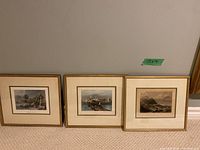 Three framed hand coloured engravings leaning against a wall on a carpeted floor. The engravings depict 19th century scenes by WH Bartlett.