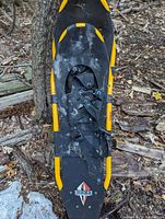 Photo of one black and yellow adult snowshoe with bindings, showing logo and wear marks.