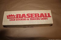 Top view of sealed 1989 Fleer Baseball Logo Stickers & Trading Cards box, showing original packaging with clear red Fleer branding.
