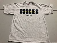 Full front view of vintage grey T-shirt with 'BOOGIES LAS VEGAS DINER' print