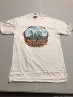 Front view of white vintage T-shirt laid flat showing full graphic design.