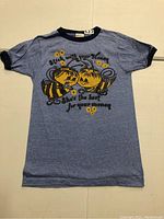 Full view of light blue vintage t-shirt with black neckline and sleeve trim, showing the complete graphic and text on front.