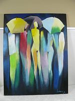 Full front view of the abstract umbrella painting on an easel