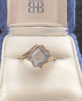 Top-down view showing square aquamarine stone in yellow gold setting