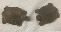 Two cast iron turtle paperweights side by side, top-down view showing detailed shell pattern and shape